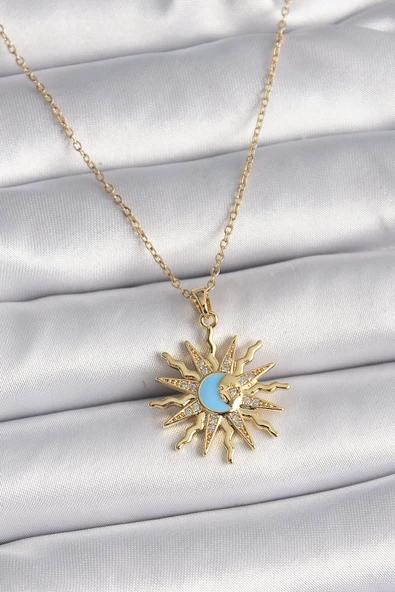 KUZGUN ONLİNE SHOP 316L Çelik Gold Renk Zincir Zirkon Taşlı Güneş Model Mavi Ay İşleme Kadın Kolye - Lisinya
