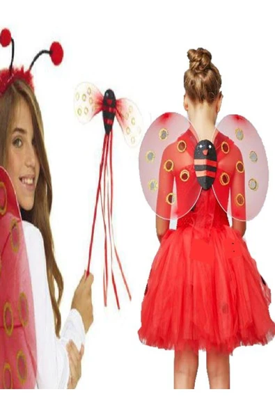 KUZGUN ONLİNE SHOP Kırmızı Renk Uğur Böceği Kanadı Eteği Tacı ve Sopası 4 lü Kostüm Seti