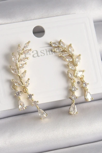 KUZGUN ONLİNE SHOP Pirinç Gold Renk Zirkon Taşlı Başak Model Kadın Küpe - Lisinya - 1