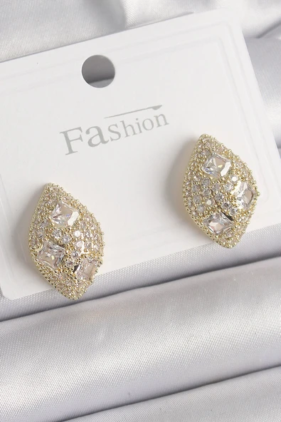 KUZGUN ONLİNE SHOP Pirinç Gold Renk Zirkon Taş İşlemeli Damla Model Kadın Küpe - Lisinya - 1