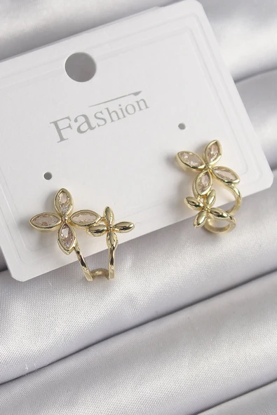 KUZGUN ONLİNE SHOP Pirinç Gold Renk Zirkon Taşlı 2'Li Çiçek Model Kadın Küpe - Lisinya