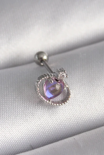 KUZGUN ONLİNE SHOP 316L Çelik Gümüş Renk Mor Mineli Kalp Zirkon Taş Detay Tragus Piercing - Lisinya