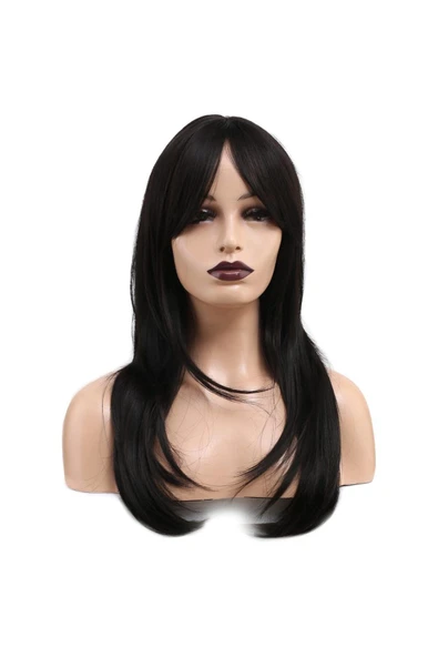 KUZGUN ONLİNE SHOP Katlı Kesim Perçemli Düz Fiber Sentetik Orta Boy Peruk / Koyu Kestane - 1