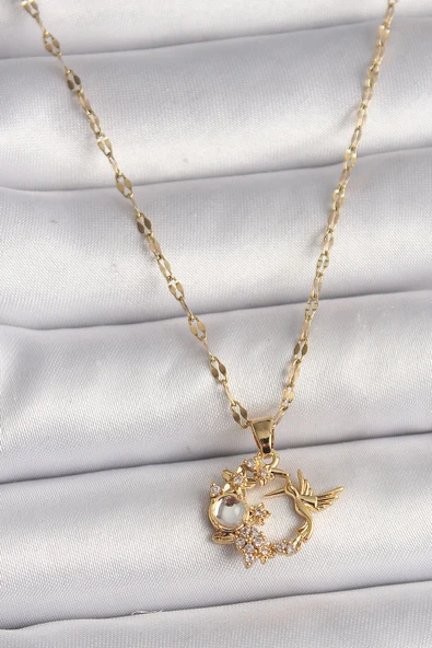 KUZGUN ONLİNE SHOP 316L Çelik Gold Renk Zincir Zirkon Taşlı Sinek Kuşu Figür Çiçek Figür Kadın Kolye - Lisinya