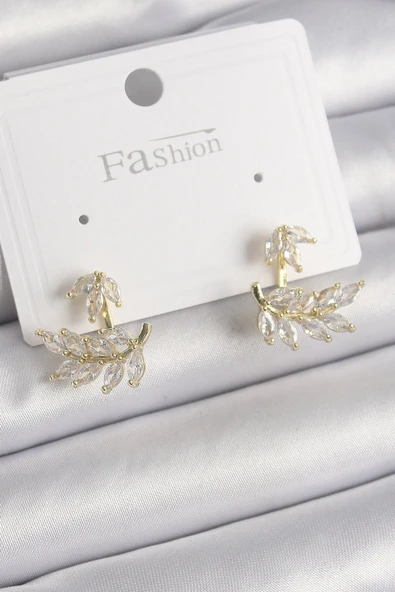 KUZGUN ONLİNE SHOP Pirinç Gold Renk Zirkon Taşlı Yaprak Model Kadın Küpe - Lisinya