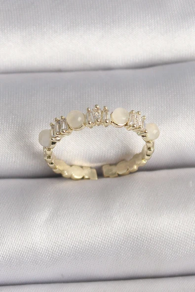 KUZGUN ONLİNE SHOP Pirinç Gold Renk Zirkon Taşlı Beyaz Mineli Ayarlanabilir Yüzük - Lisinya - 1