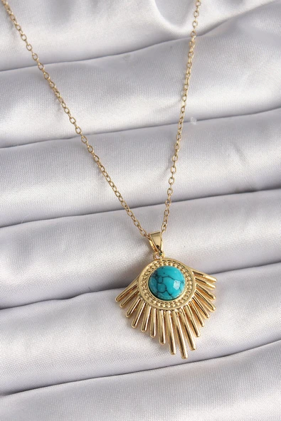 KUZGUN ONLİNE SHOP 316L Çelik Gold Renk Zincir Mavi Boncuk Güneş Model Kadın Kolye - Lisinya