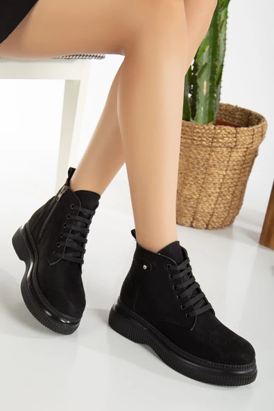 KUZGUN ONLİNE SHOP Siyah Süet Bağcıklı Bot