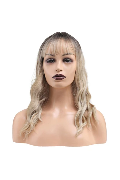 KUZGUN ONLİNE SHOP Dalgalı Kısa Perçemli Fiber Sentetik Peruk / Kahve / Platin Ombre ve Röfleli