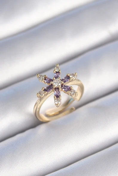 KUZGUN ONLİNE SHOP Pirinç Gold Renk Mor Renk Zirkon Taşlı Çiçek Model Kadın Yüzük - Lisinya