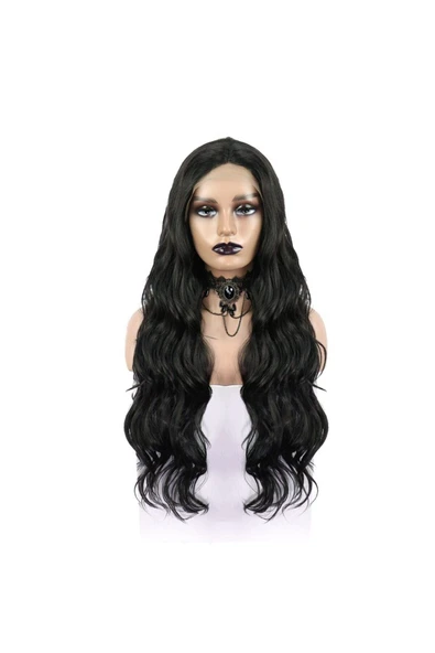 KUZGUN ONLİNE SHOP Siyah Uzun Dalgalı Fiber Sentetik Tül Peruk