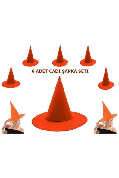 KUZGUN ONLİNE SHOP Turuncu Renk Keçe Cadı Şapkası Yetişkin Çocuk Uyumlu 6 Adet