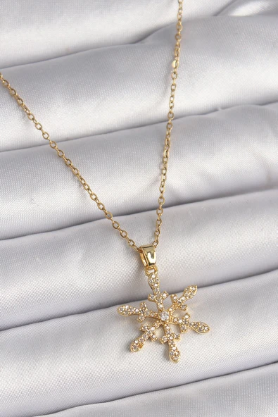 KUZGUN ONLİNE SHOP 316L Çelik Gold Renk Zincir Zirkon Taşlı Kar Tanesi Model Kadın Kolye - Lisinya