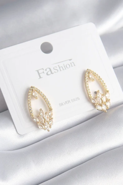 KUZGUN ONLİNE SHOP Pirinç Gold Renk Zirkon Taşlı Kadın Küpe - Lisinya
