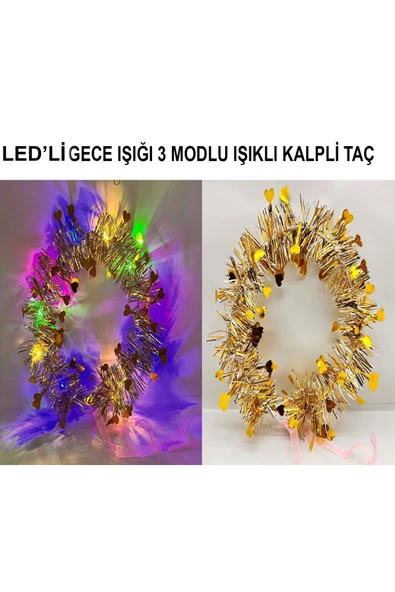 MUSTİCAMPÜRÜNLERİ Kalp Püsküllü Gece Parıltısı 3 Modlu Led39li Işıklı Taç Altın Renk