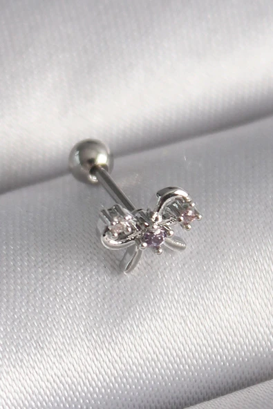 KUZGUN ONLİNE SHOP 316L Çelik Gümüş Renk Zirkon Taşlı Kurdele Tragus Piercing - Lisinya - 1