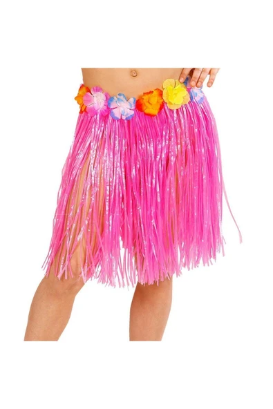 KUZGUN ONLİNE SHOP Yetişkin ve Çocuk Uyumlu Pembe Renk Püsküllü Hawaii Luau Hula Etek 40 cm