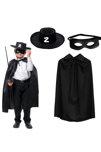 KUZGUN TİCARET Zorro Pelerini Şapkası Ve Maske Seti Çocuk Boy - Lisinya