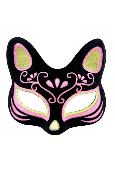 KUZGUN TİCARET Siyah Renk Süet Kaplama Üzeri Sarı Pembe Simli Kedi Maskesi 17x14 cm (4767) - Lisinya - 1