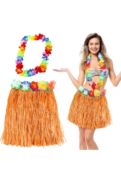 KUZGUN TİCARET Hawaii Luau Aloha Turuncu Püsküllü 40 cm Etek ve Hawaii Kolye Seti - 1