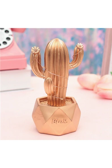 KUZGUN TİCARET Led Işıklı Sevimli Kaktüs Dekoratif Masa Lambası Mini Biblo Gece Lambası-GOLD (4767) - Lisinya
