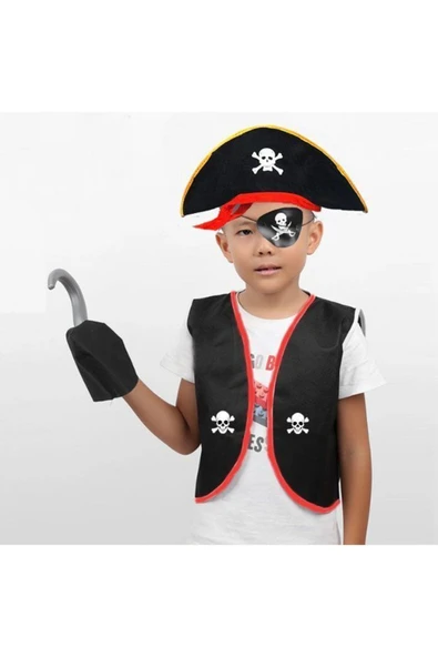 KUZGUN TİCARET Korsan Yelek + Şapka + Kanca + Maske Çocuk Boy 4-6 Yaş