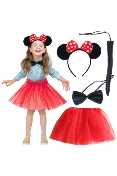 KUZGUN TİCARET Minnie Mouse Kostüm Seti Etek Taç Kuyruk Papyon Gösteri Seti