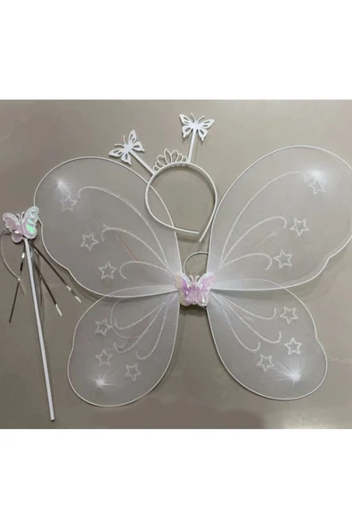 KUZGUN TİCARET Beyaz Renk Kelebek Kanadı Tacı ve Sopası 50x37 cm (4767) - Lisinya