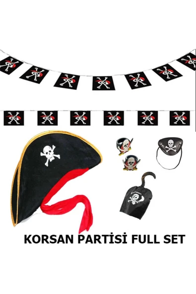 KUZGUN TİCARET Çocuk Korsan Şapkası + Kancası + Göz Bandı + 2 Adet Yüzük + Afiş Seti (4767) - Lisinya