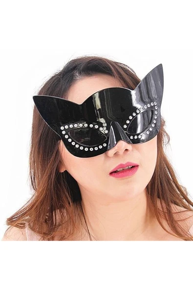 KUZGUN TİCARET Siyah Renk Siyah Camlı Kedi Şekilli Parti Gözlüğü 20x11 cm