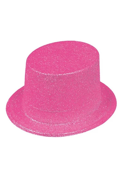 KUZGUN TİCARET Floresan Pembe Renk Simli Uzun Fötr Melon Şapka 12 Cm - Lisinya