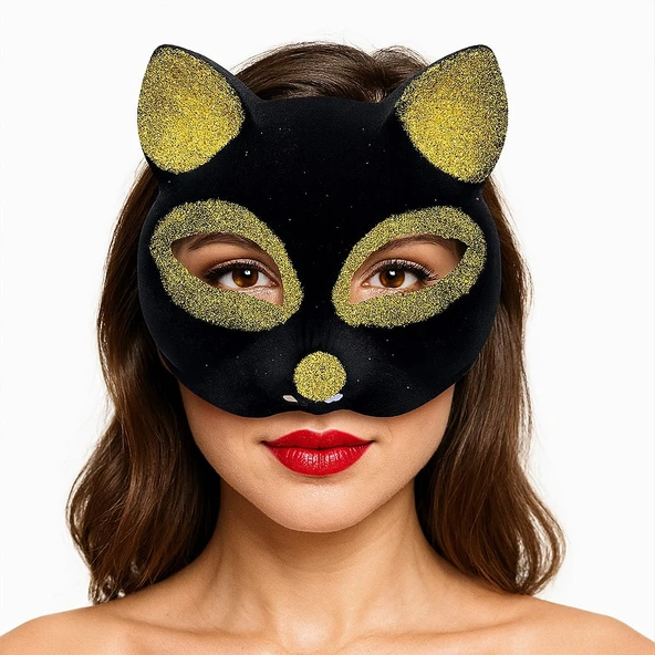 Siyah Renk Gold Simli Süet Kaplama Kedi Maskesi 18x14 cm - Resim 3
