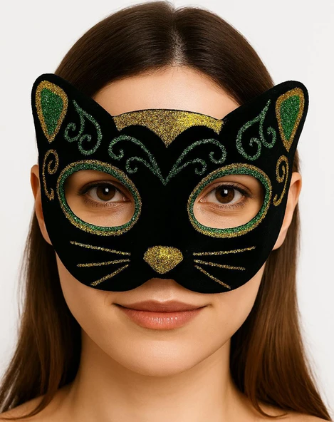 Siyah Kadife Kaplama Üzeri Sarı Yeşil Sim İşlemeli Kedi Maskesi 20x13 cm - Resim 3