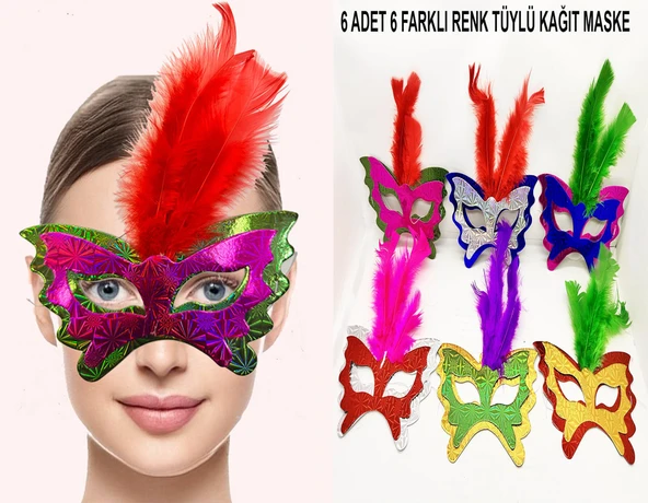 Tüylü Kağıt Karnaval Maskesi (6'lı Set)