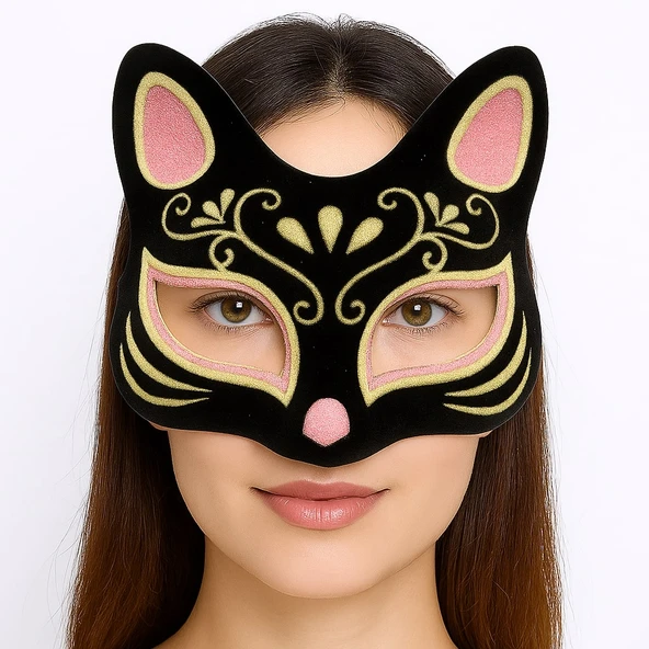 Siyah Renk Süet Kaplama Üzeri Pembe Sarı Simli Kedi Maskesi 17x14 cm - Resim 4