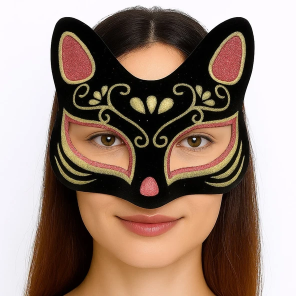 Siyah Renk Süet Kaplama Üzeri Kırmızı Sarı Simli Kedi Maskesi 17x14 cm - 4