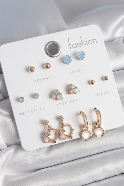 Pirinç Gold Renk Zirkon Taşlı Sallantı Halka Figür Kalp Detay 7 Çift Kadın Küpe - EBJ250520W34084 ürün görseli