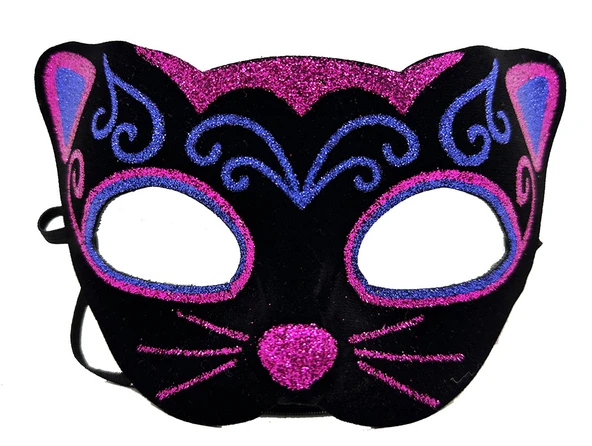 Siyah Kadife Kaplama Üzeri Pembe Mavi Sim İşlemeli Kedi Maskesi 20x13 cm - 4