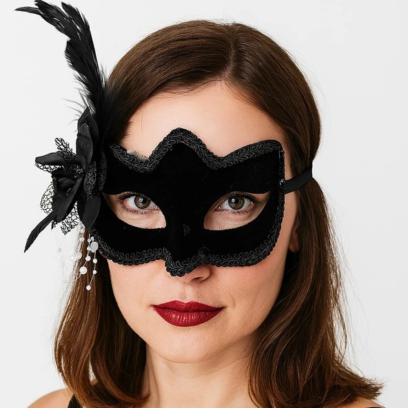 Siyah Renk Yandan Tüylü Beyaz İncili Süet Kaplama A Kalite Lüks Parti Maskesi 20x23 cm - Resim 3