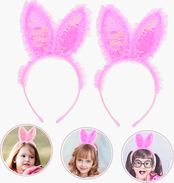 Kenarları Dantelli Fuşya Pullu Payetli Led Işıklı Tavşan Kulak Taç 23x19 cm - 3