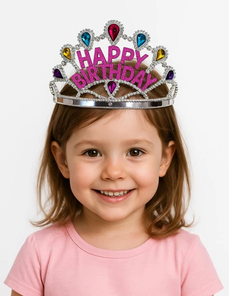 Gümüş Renk Happy Birthday Yazılı Doğum Günü Tacı 60 cm - Resim 3