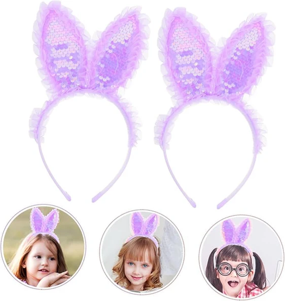 Kenarları Dantelli Mor Pullu Payetli Led Işıklı Tavşan Kulak Taç 23x19 cm - 3