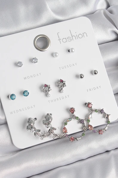 Pirinç Gümüş Renk Zirkon Taşlı Gül Figür Halka Model 7 Çift Kadın Küpe Seti - EBJ250520W34095 ürün görseli