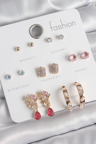 Pirinç Gold Renk Zirkon Taşlı Çiçek Figür İncili Halka Figür 7 Çift Kadın Küpe Seti - EBJ250520W34088 ürün görseli