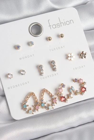 Pirinç Gold Renk Zirkon Taşlı Damla Model Yıldız Detaylı 7 Çift Kadın Küpe Seti - EBJ250520W34089 ürün görseli