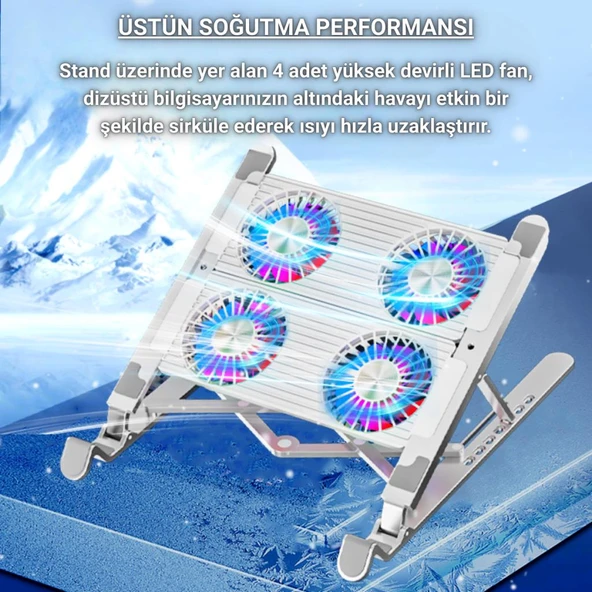 Coofbe Led Işıklı Yükseklik Ayarlı Katlanabilir 4 Fanlı Notebook Laptop Soğutucu Turbo Fan Laptop Standı - Resim 2
