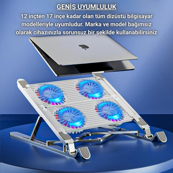 Coofbe Led Işıklı Yükseklik Ayarlı Katlanabilir 4 Fanlı Notebook Laptop Soğutucu Turbo Fan Laptop Standı - Resim 4