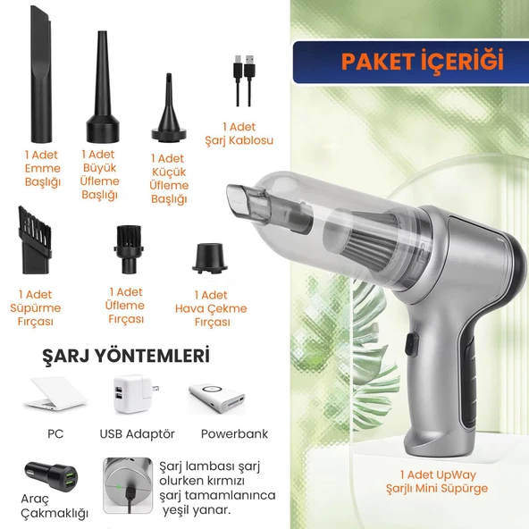 Upway Kablosuz Çekme Üfleme Kuru Islak Fonksiyonlu Hepa Filtreli Ev Araç Şarjlı Süpürge - 8