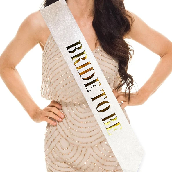 Beyaz Üzeri Altın Büyük Bride To Be Yazılı Simli Işıltılı Kuşak Kemer 10 cm Genişlik ürün görseli 1
