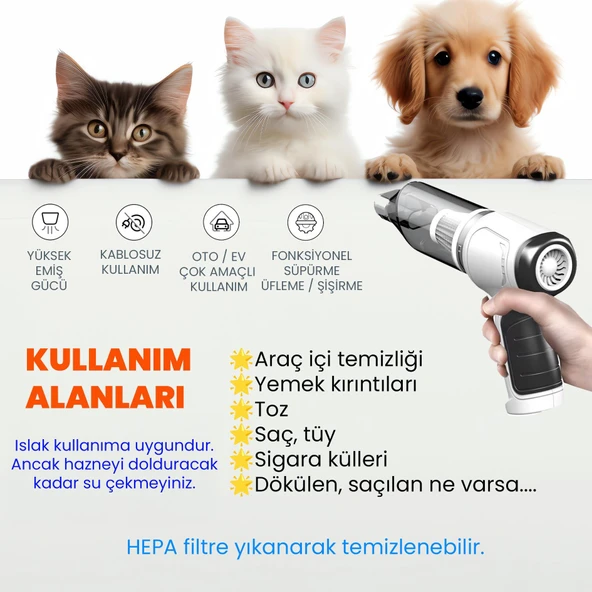 Upway Kablosuz Çekme Üfleme Kuru Islak Fonksiyonlu Hepa Filtreli Ev Araç Şarjlı Süpürge - 4